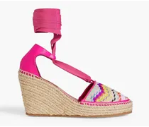 Leather and crochet-knit wedge espadrilles - Pink