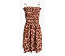 Shirred printed cotton mini dress - Brown