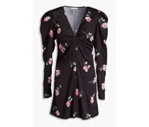 Ruched floral-print satin mini dress - Black