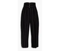 Cropped striped wool-blend flannel wide-leg pants - Black