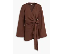 Linen and Lyocell-blend mini wrap dress - Brown