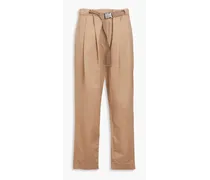 Belted cotton-blend sateen tapered pants - Neutral