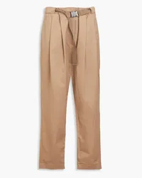 Brunello Cucinelli Belted cotton-blend sateen tapered pants - Neutral Neutral