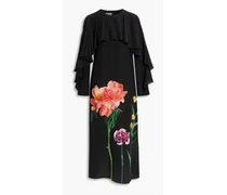 Ruffled floral-print silk crepe de chine midi dress - Black