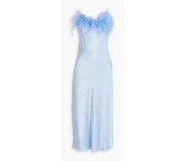 Feather-embellished satin midi slip dress - Blue