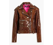 Glossed croc-effect leather jacket - Brown