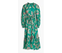 Gathered belted floral-print cotton midi dress - Green