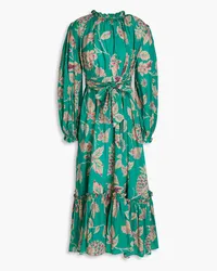 LEO LIN Gathered belted floral-print cotton midi dress - Green Green