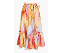 Belted printed slub linen and silk-blend midi skirt - Orange