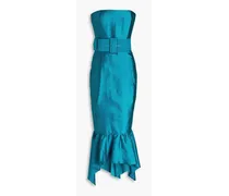 Strapless fluted silk-shantung midi dress - Blue
