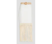 Belted fringed broderie anglaise cotton maxi skirt - White