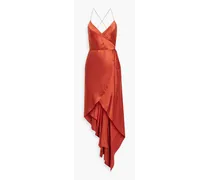 Asymmetric silk-satin wrap dress - Red
