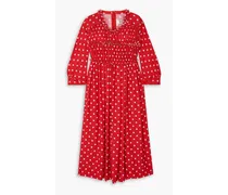 Ruched polka-dot crepe de chine midi dress - Red
