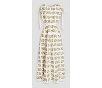 Cutout embroidered linen midi dress - White