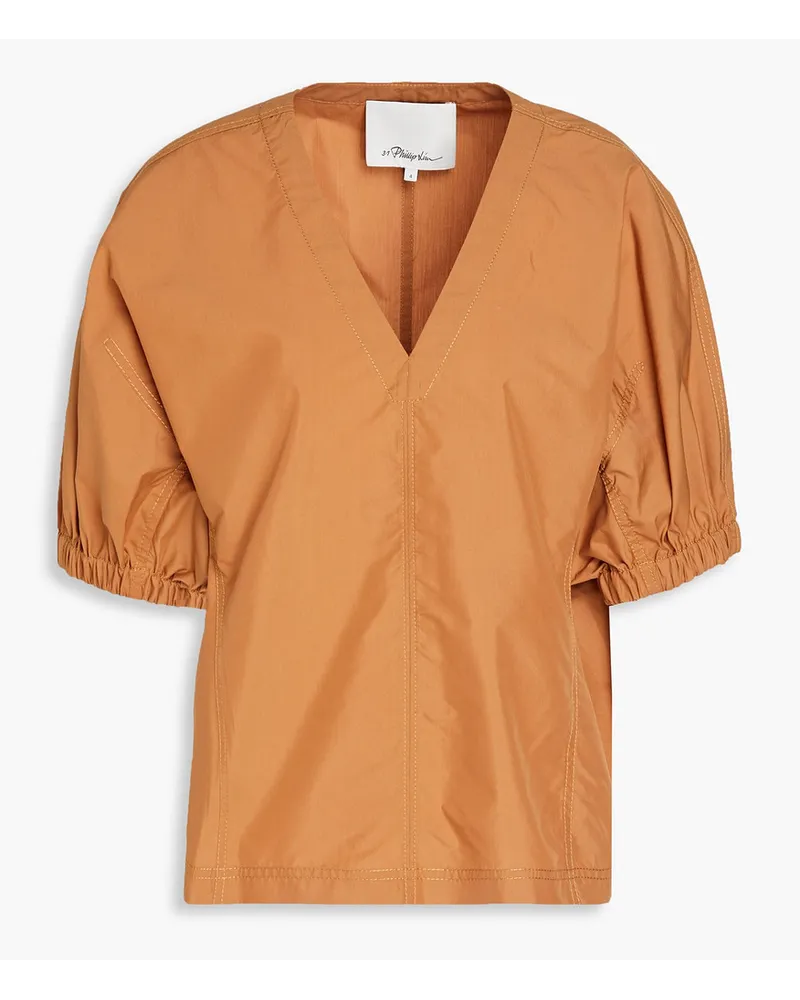 3.1 phillip lim Gathered cotton-blend poplin top - Brown Brown