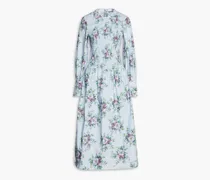 Shirred floral-print organic cotton-poplin midi dress - Blue
