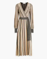 Rebecca Vallance Marsha wrap-effect metallic striped stretch-knit midi dress - Neutral Neutral