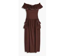 Juliet off-the-shoulder ruffled cotton-poplin midi dress - Brown
