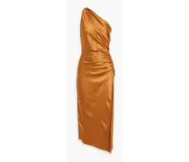 One-shoulder ruched silk-satin midi dress - Metallic