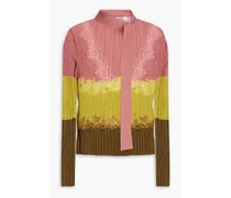 Lace-paneled ribbed crochet-knit top - Pink