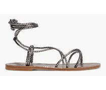 Bead-embellished metallic snake-effect leather sandals - Metallic