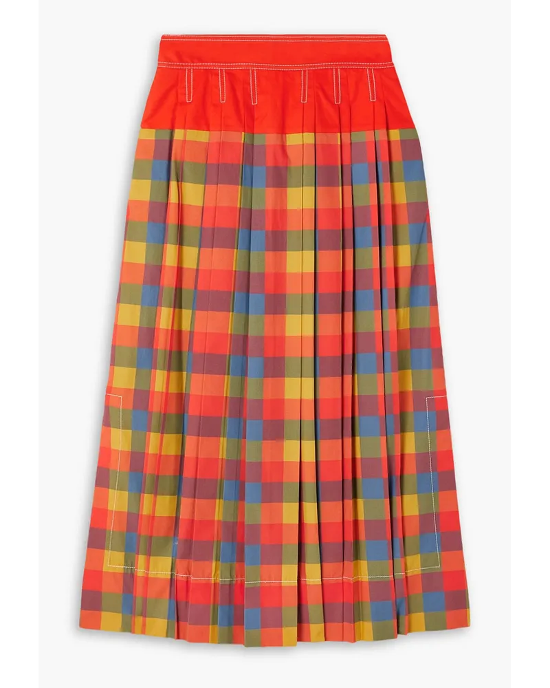 Tory Burch Veronica pleated checked cotton-poplin midi skirt - Red Red