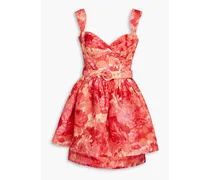 Belted floral-print linen and silk-blend peplum mini dress - Red