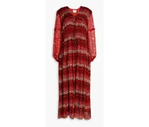 Gathered ruffle-trimmed printed silk-crepon midi dress - Burgundy