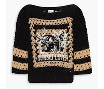 Embroidered open-knit cotton-blend sweater - Black