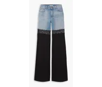 Lace-trimmed georgette-paneled high-rise flared jeans - Blue
