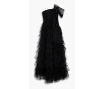 One-shoulder tiered glittered tulle midi dress - Black