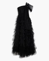 RED Valentino One-shoulder tiered glittered tulle midi dress - Black Black