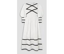 Clemmie velvet-trimmed cotton-poplin midi dress - White