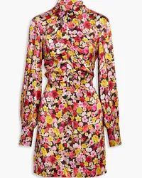 Ganni Ruched floral-print silk-blend satin mini shirt dress - Red Red