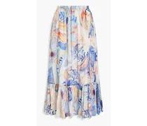 Gathered printed silk-chiffon midi skirt - Blue