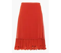 Embroidered plissé-georgette midi skirt - Red