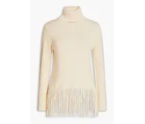 Fringed ribbed cashmere and merino wool-blend turtleneck sweater - Neutral