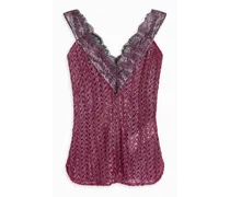Lace-trimmed metallic crochet-knit wool-blend tank - Burgundy