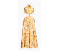 Nadeesha cutout printed linen-blend midi dress - Yellow