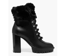100 faux fur-trimmed leather platform ankle boots - Black