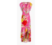 Embellished ruffled floral-print silk crepe de chine wrap dress - Pink