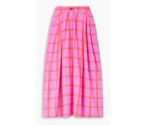 Tulay pleated embroidered checked organic cotton midi skirt - Pink