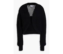 Cropped fringed open-knit cotton-blend cardigan - Black