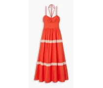 Cutout lace-trimmed cotton and silk-blend voile maxi dress - Red