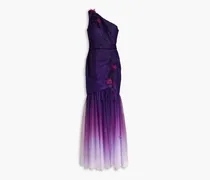 One-shoulder floral-appliquéd dégradé tulle gown - Purple
