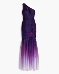 Marchesa One-shoulder floral-appliquéd dégradé tulle gown - Purple Purple