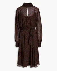 Mikael Aghal Gathered printed metallic fil coupé chiffon midi dress - Brown Brown