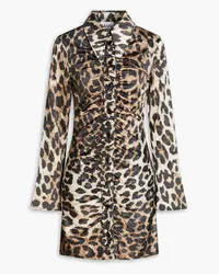 Ganni Ruched leopard-print satin mini shirt dress - Animal print Animal