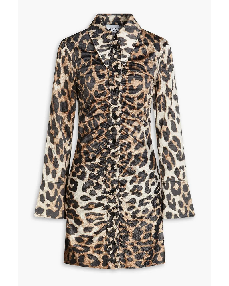 Ruched leopard-print satin mini shirt dress - Animal print