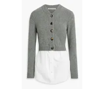 Layered Oxford and merino wool-blend cardigan - Gray